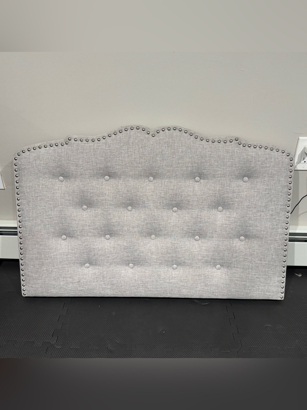 Upholstered Tufted Headboard in Light Gray with Nailhead Trim